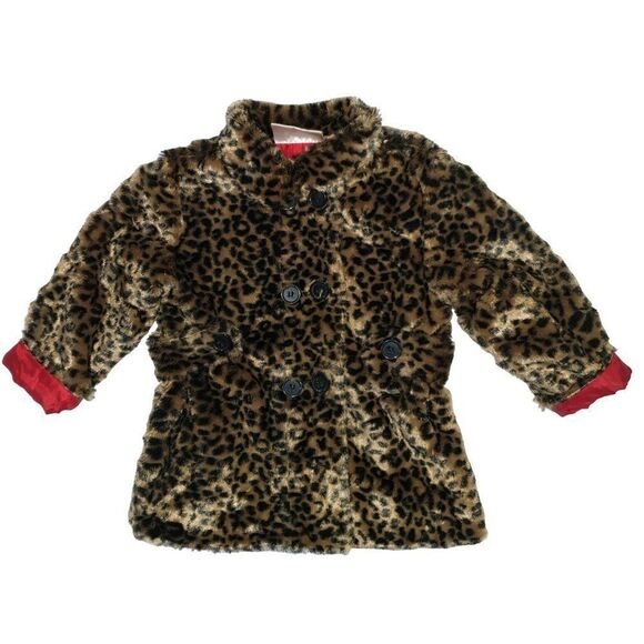 Girls Winter Coat Plush Faux Fur Leopard Print Button Down Cozy Coat 24M - Picture 3 of 7